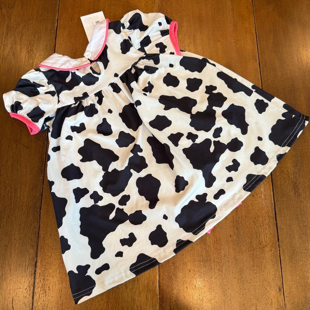 Kories Closet Cow Print Dress Spotted Embroidered Pink Ruffle Trim‎ Sz 12 18 Mos - Picture 4 of 11